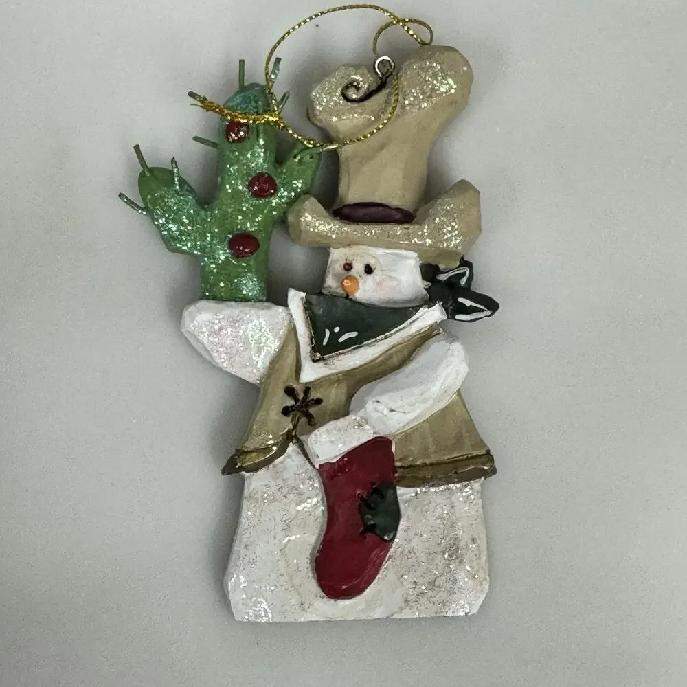 2 Kurt Adler Snowtown Cowboy Hat Snowman Cactus Christmas Ornaments Resin